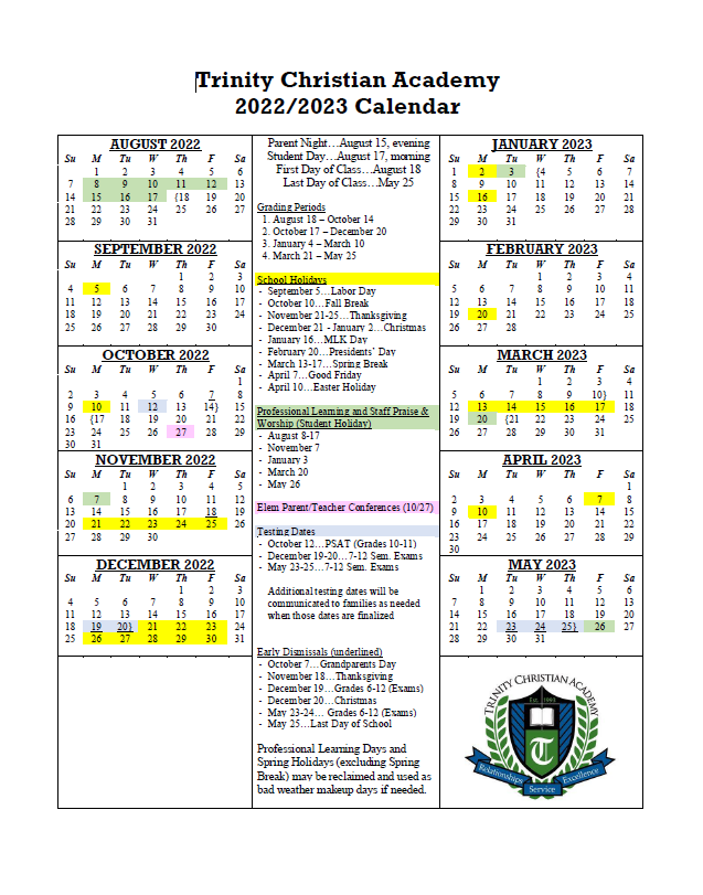 Trinity Prep Calendar 2022 2022-2023 School Calendar - Trinity Christian Academy